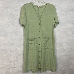 BASIC THREADS Vintage 90s Linen Dress Size Large Green Button Down Vtg Flaw